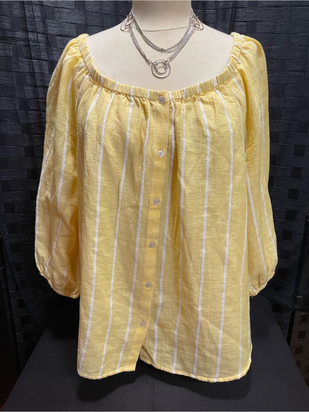 Style & Co. Yellow and White Striped Off-Shoulder Button-Down Top